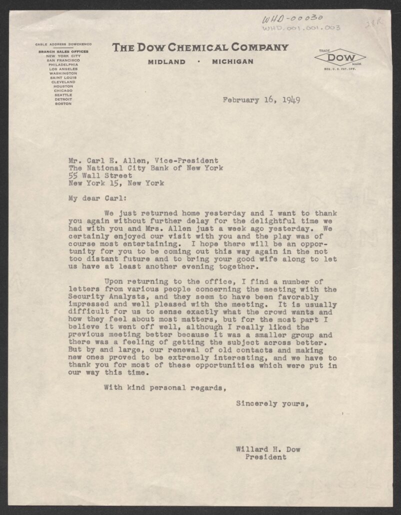 letter from Willard Dow